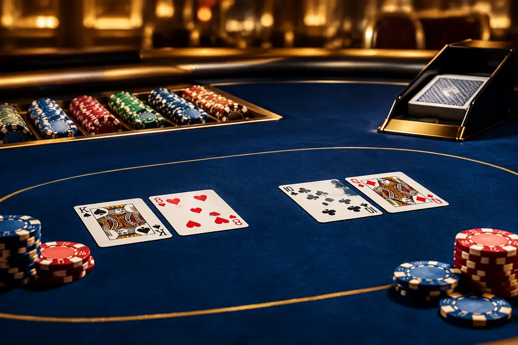 Dua pasang kartu dan tumpukan chip di meja baccarat