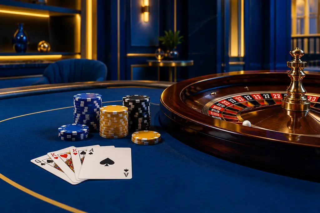 Susunan kartu, chip dan roda roulette di ruang kasino biru