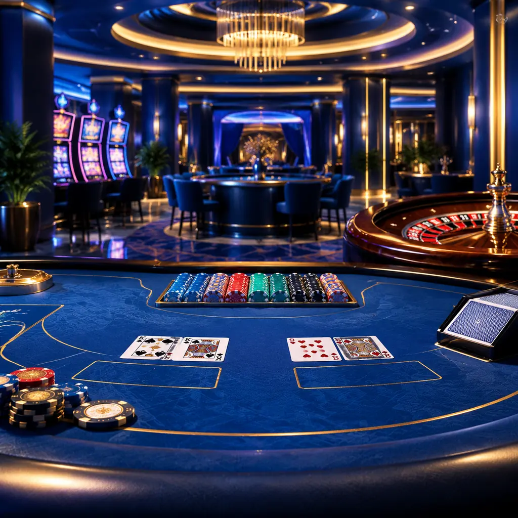 Ruang kasino dengan meja baccarat dan roulette dalam pencahayaan biru