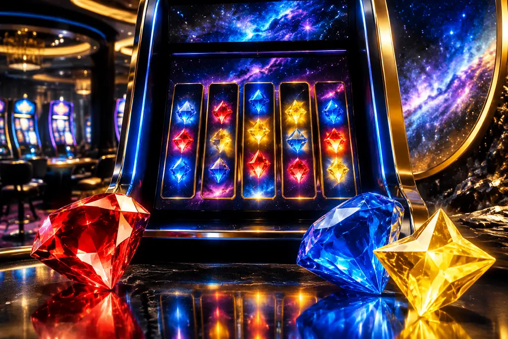 Permata berwarna di depan mesin slot dalam suasana kosmik
