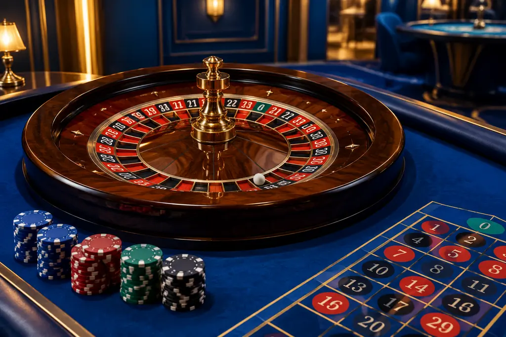 Roda roulette dengan bola putih dan chip di atas meja