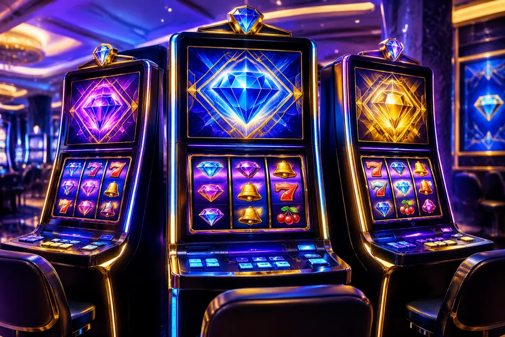 Mesin slot bertema permata dengan cahaya biru dan ungu